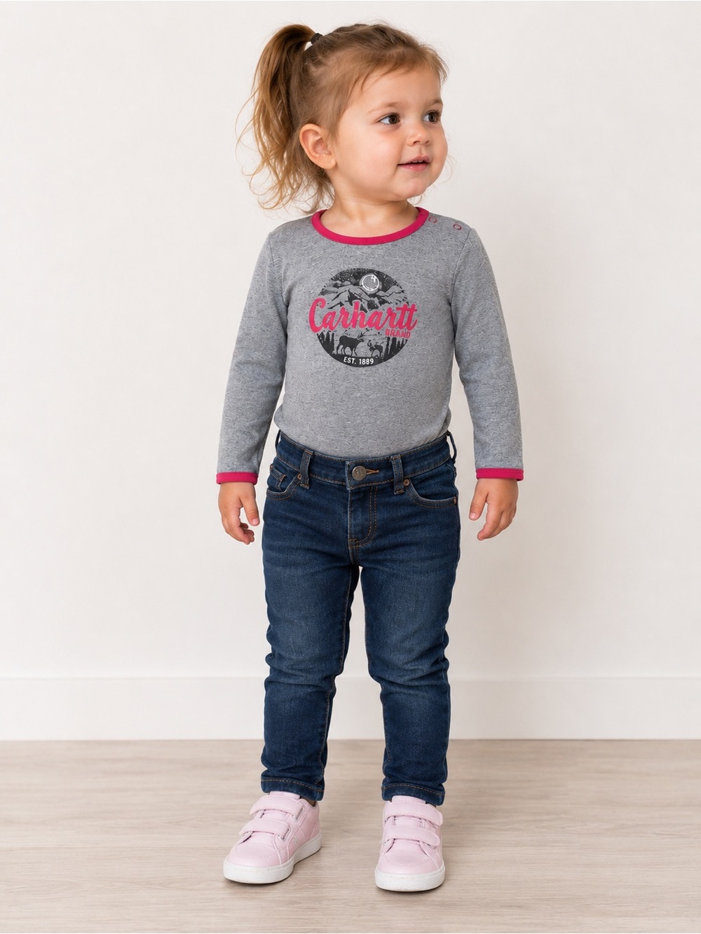 3/$25 Carhartt Wild Deer Gray Bodysuit onesie with Pink Trim girls Baby 18m